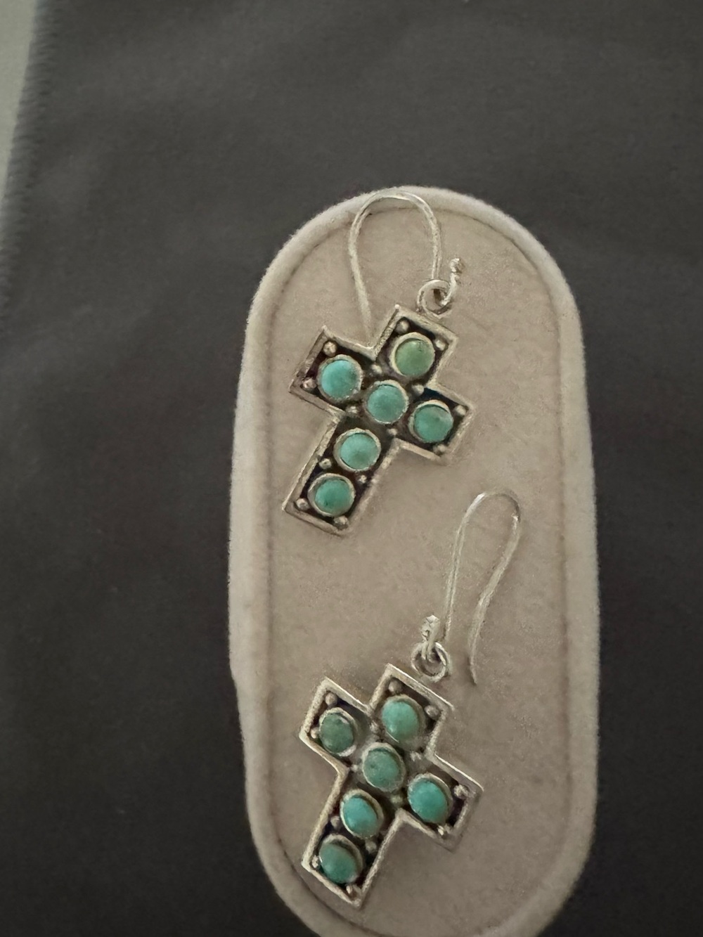 Turquoise Cross Drop Earrings - Silver Tone